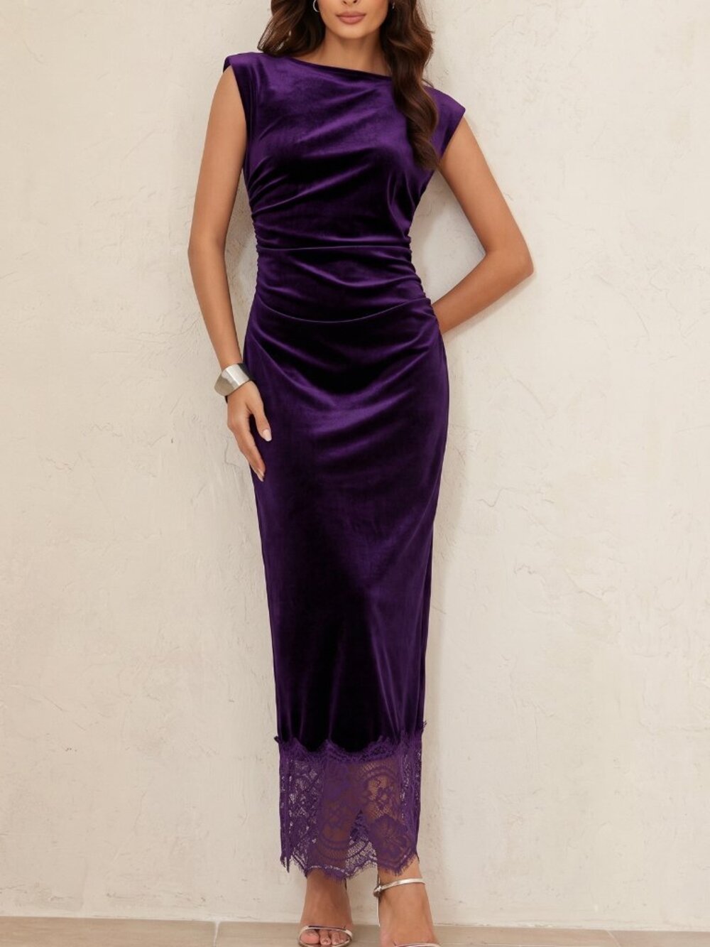 Bold Plum Elegant Women's Contrast Lace Fitted Pencil Dress